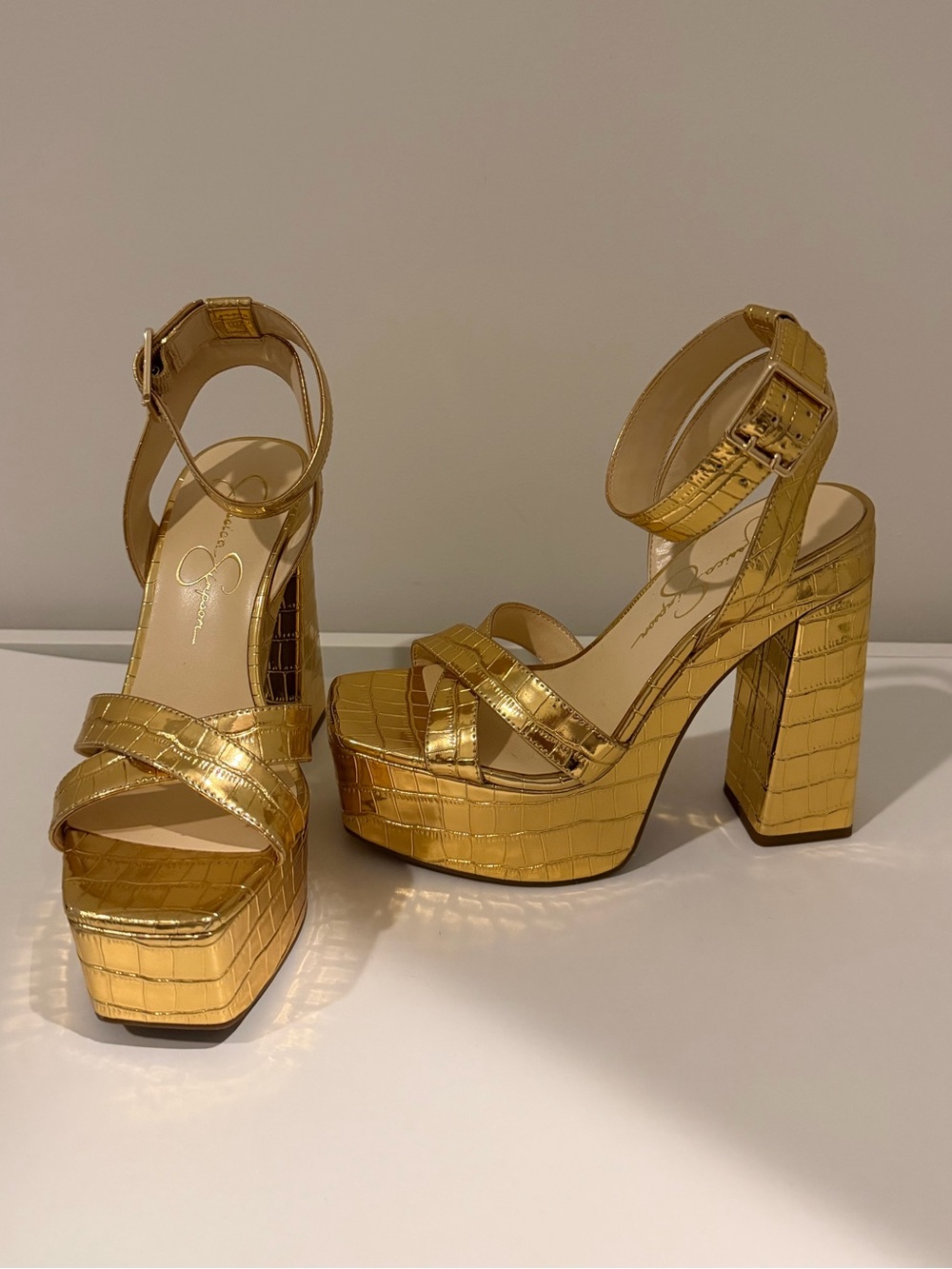 Gold Platform Ankle-Strap High Heel Sandals